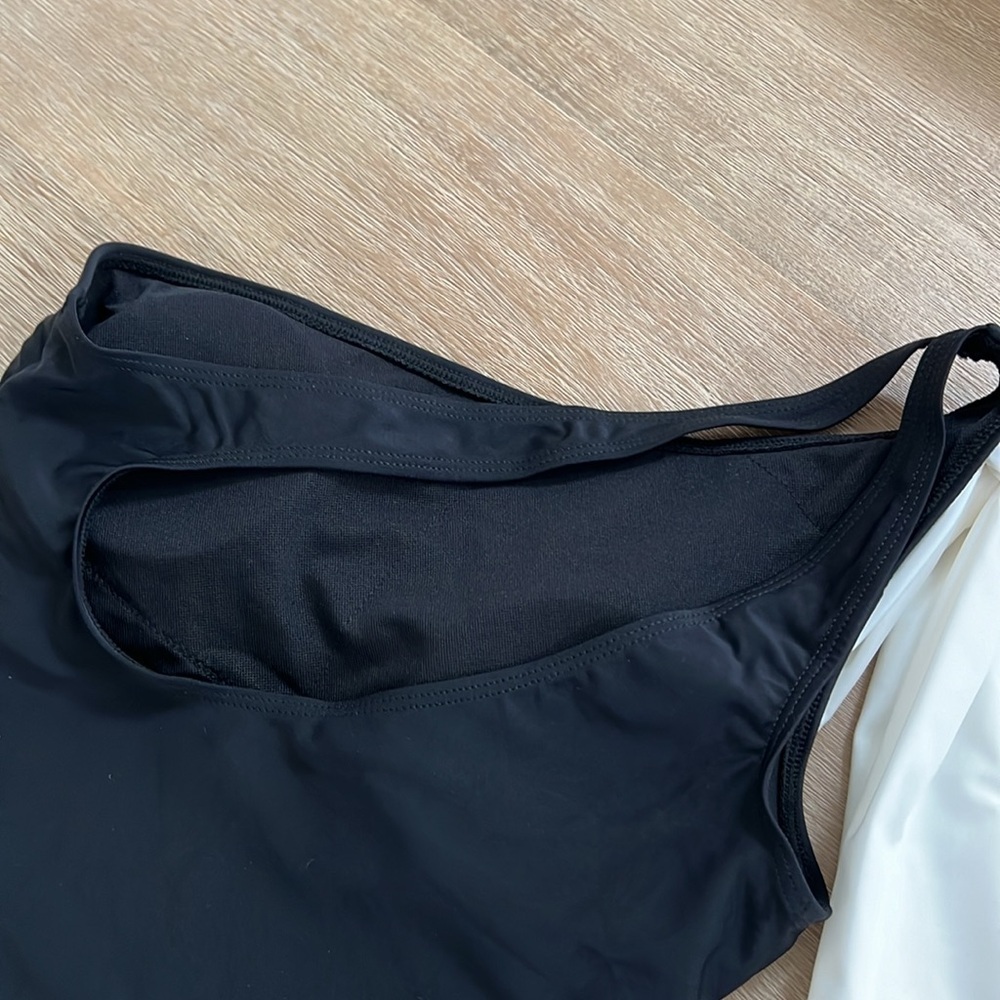 Women’s One Shoulder Swimsuit, black with white shoulder tie. Size L, NWOT - Picture 6 of 11
